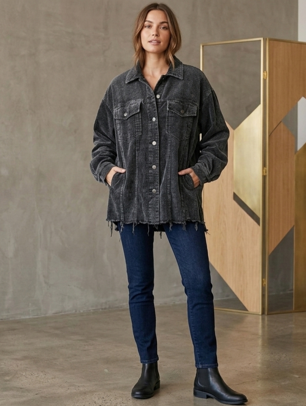 Corduroy Button-Up Jacket - Black